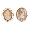Two cameos. The first of oval outline with rope-twist border to the carved pink shell portrait, toge