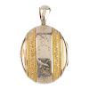 A gold plated locket and scarf clip. The locket of oval outline, the parallel embossed floral border