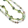 Five gem necklaces. One comprising green glass beads and hexagonal, dyed green mother-of-pearl, anot