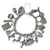 A charm bracelet. Designed as a series of sixteen assorted charms, to include a passport and a mantl