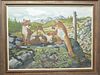 Original gouache on paper of mountain lion family in western scene, Ray Harm (1927-2015).