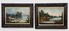 Near Pair of China Trade Oils on Canvas River Landscape Paintings, mid 19th Century
