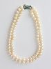 Graduated Cultured Pearl, Emerald and Diamond Double Strand Necklace