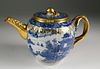 Chinese Export Blue and White Porcelain Tea Pot with Gilt Clobbering, mid 18th Century