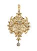 A late Victorian diamond and split pearl cartouche shaped brooch/pendant, c.1890,