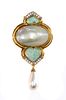 An Italian blister pearl, cultured mab? pearl, emerald and diamond brooch,