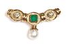 A 9ct gold emerald, diamond and cultured pearl brooch,