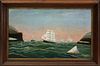 American Primitive Maritime Oil on Canvas "International Shipping in the Strait of Gibraltar"