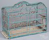 Blue painted wood and wire birdcage, early 20th c.