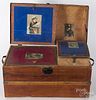 Pine dome top doll trunk, late 19th c., with interior lithographs, 12" h., 18" w.