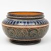 Doulton Lambeth Metal-Mounted Incised Glazed Pottery Low Bowl