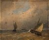 Andreas Schelfhout - A Coastal Scene with Flat-Bottomed Boats in the Breakers and a Two-Master in the Distance c. 1840-1850