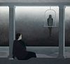 Will Barnet - "Woman Seated on Porch Watching An Approaching Storm-Mecaw (sic) Above on Perch" 1976
