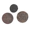 Morelos y Pavón, José María. 2, 4 y 8 Reales "SUD". México, 1812. Monedas en cobre. Anverso: Monograma de Morelos.