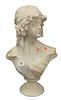 Carved Marble Bust of a Woman, on round base, height 24 inches.