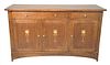 Stickley After Harvey Ellis Oak Inlaid Server, having three drawers over three doors, with stylized flower and landscape scene inlaid on each door, he