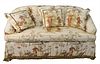 Custom Loveseat, having Chinese motif upholstery along with three matching throw pillows, height 33 inches, length 64 inches, Provenance: David and Cy