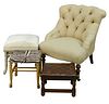 Four Piece Lot, to include a tufted upholstered arm chair; a faux bamboo ottoman; a zebra pattern embroidered ottoman; along with a faux leather woven