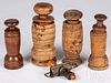 Four Scandinavian turned wood herb grinders