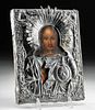 19th C. Russian Icon w/ Silver Oklad Christ