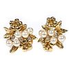 Pair of cultured pearl, diamond and 14k gold earrings
