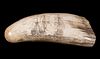 19TH C. SCRIMSHAW BULL WHALE TOOTH OF MARINE BATTLE