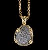RARE 18K GOLD FRAMED SILVER FOUR REALE COIN PENDANT