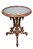 ROUND VICTORIAN CHESS TABLE WITH PRINTED TOP UNDER GLASS