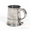 William Kirby Pewter Pint Mug, New York, New York, late 18th century, tapering cylindrical body with low band, molded base, and scroll
