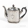 Israel Trask Pewter Teapot, Beverly, Massachusetts, early 19th century, oval body, black-painted wooden handle and finial, shield decor
