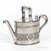 Pewter Watering Can, England, 19th century, oval body, two bands of engraved decoration, romantic monogram on lid, marked "SF" on botto