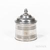 Pewter Tobacco Box, America, 19th century, tapering sides with band decoration, the stepped lid with acorn knop, unmarked, ht. 4 1/2, d
