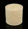 Early 20th century carved ivory cylindrical box and cover carved with dragons amongst clouds, 9cm hi