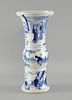 Chinese Gu form cylindrical vase decorated in blue and white with an Emperor and attendants, 29cm hi