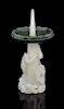 Chinese white and spinach green jade pricket candlestick, the pale even coloured jade base carved wi