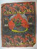 Tibetan Thangka painting depicting a central demon like figure with fire surrounding it and other si