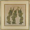 20th century Far Eastern brass rubbing of three figures, two playing pipes, 52.5cm x 51cm,