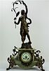 Antique Roseau Figural Clock  in Green Jade Base