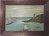 19th Century American Folk Art Painting, "View of A Busy Harbor"