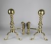 Pair of Boston Brass Ball Top Andirons, early 19th Century