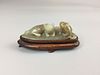 CHINESE JADE/HARDSTONE CRAVED CAT WITH HARDWOOD STAND, L 7.6CM