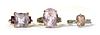 A 9ct gold three stone amethyst ring,
