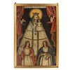 ANÓNIMO. Virgen con el Niño, santa Bárbara y santa Lucía. Escuela cuzqueña.  Óleo sobre fibracel. Enmarcado. 174 x 117 cm.