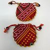 (2) Twin satiny red/gold lacey gilt beaded tasseled n