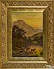Oil on canvas mountainous landscape, 19th c., with stags by a lake edge, signed indistinctly