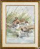 Robert Milliken (English 1920-2014), watercolor duck painting, titled Pintails & Green Wing Teal