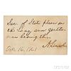 Lincoln, Abraham (1809-1865) Autograph Note Signed, 16 October 1861.