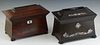 Two English Rosewood Tea Caddies, 19th c., of sarcophagus form, one with mother-of-pearl inlay, on wooden disc feet, Inlaid- H.- 7 1/2 in., W.- 9 5/8 