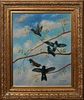 South American School, "Five Hummingbirds," 20th c., acrylic on canvas, signed indistinctly lower right, presented in a gilt wood frame, H.- 23 1/2, W