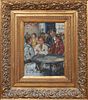 Josep Bonet Subirats (1965-, Spain), "Three People at a Table," 21st c., oil on canvas, signed lower left, presented in a gilt wood frame, H.- 15 3/4 